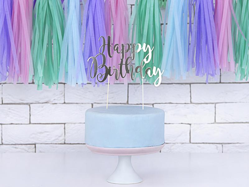 TOPPER NA TORT HAPPY BIRTHDAY SREBRNY