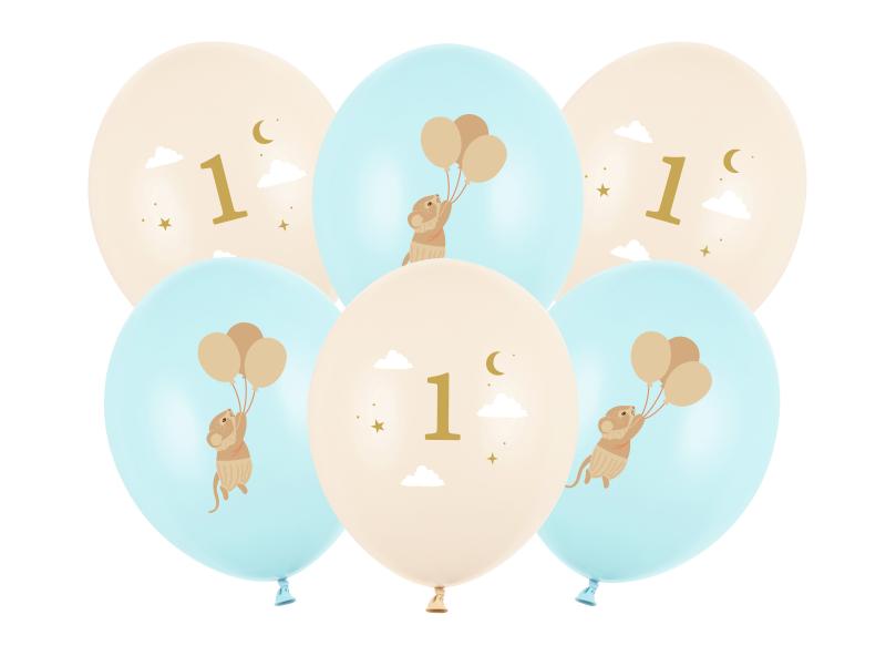 BALONY 30CM MYSZKI Z CYFERKĄ 1 JASNY NIEBIESKI