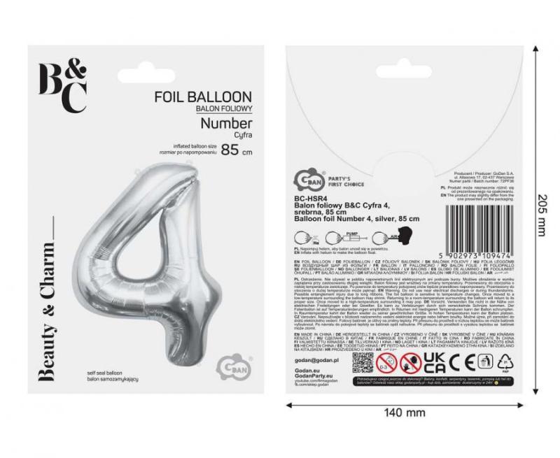 BALON FOLIOWY B&C CYFRA 4 SREBRNA 85CM