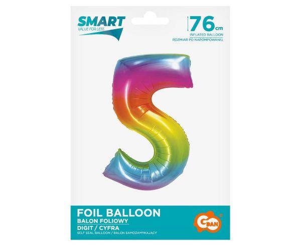 BALON FOLIOWY SMART '5' TĘCZOWY 76CM