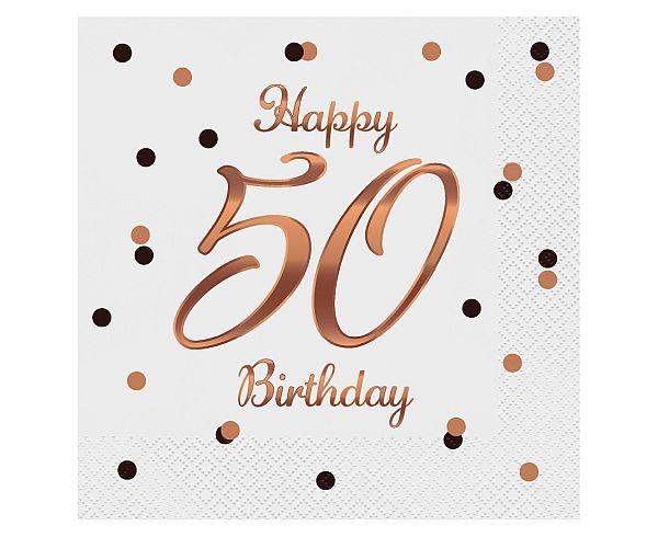 SERWETKI 33*33 HAPPY 50 BIRTHDAY BIAŁE B&C RÓŻOWO-ZŁOTY NADRUK