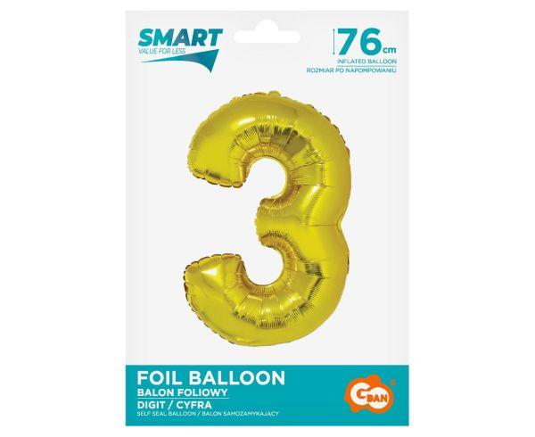 BALON FOLIOWY SMART, CYFRA 3, ZŁOTA, 76 cm