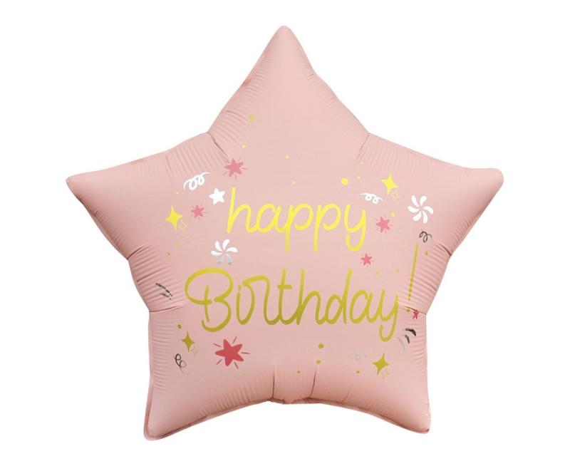 BALON FOLIOWY HAPPY BIRTHDAY GWIAZDA MATOWA JASNA RÓŻOWA