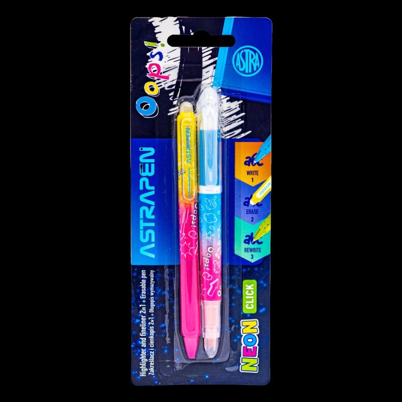 ZAKREŚLACZ I CIENKOPIS 2W1+DŁUGOPIS WYMAZ.CLICK ASTRAPEN OOPS, NEON 2+1