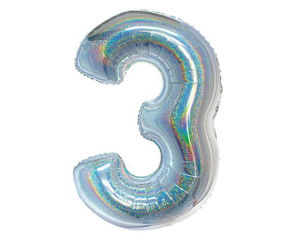 BALON FOLIOWY B&C CYFRA 3 HOLOGRAFICZNA SREBRNA 76CM