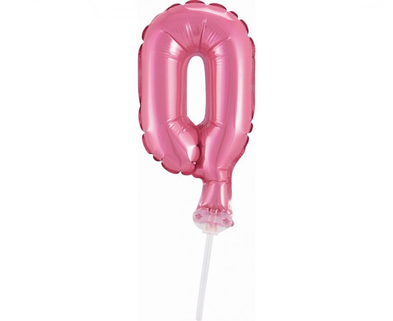 BALON FOLIOWY NA PATYCZKU 13CM CYFRA 0 RÓŻOWA