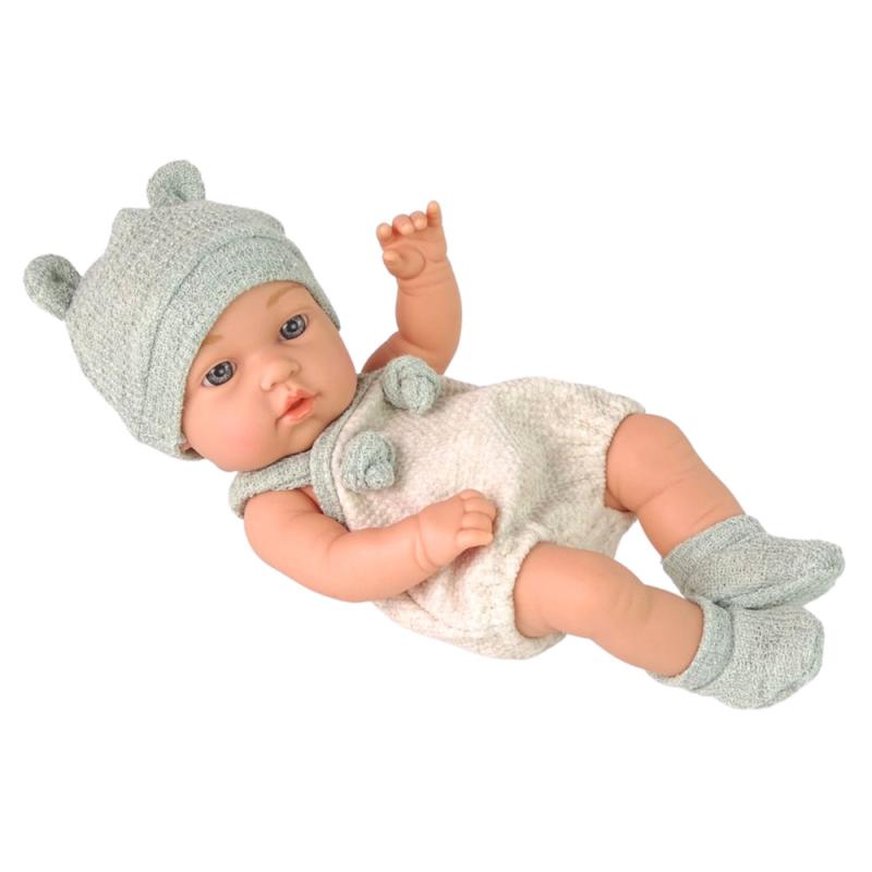 LALKA BOBAS NIEMOWLAK SZARE UBRANKO CZAPECZKA ŚLINIACZEK 18CM