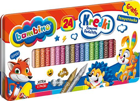 KREDKI BAMBINO 24 + TEMPARÓWKA METALOWE PUDEŁKO