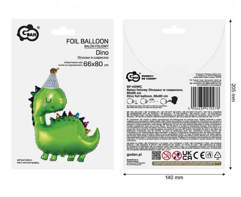 BALON FOLIOWY DINOZAUR W CZAPECZCE 66X80CM