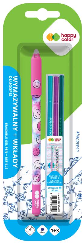 DŁUGOPIS WYMAZYWALNY SMILE 0,5MM NIEBIESKI 1SZT.+3 WKŁADY BLISTERHAPPY COLOR