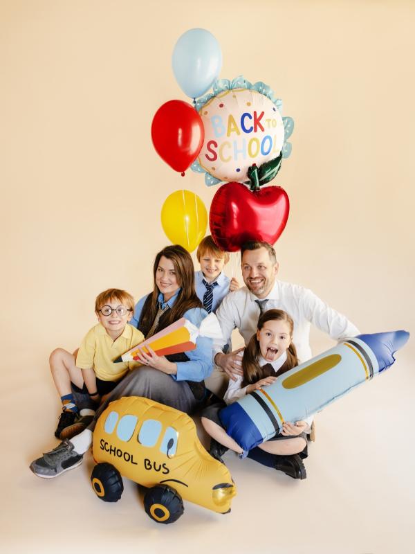 BALON FOLIOWY PASTYLKA Z FALBANKĄ BACK TO SCHOOL 52X52CM KRMOWO-NIEBIESKI