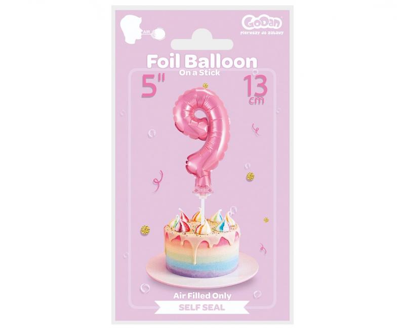 BALON FOLIOWY NA PATYCZKU 13CM CYFRA 9 RÓŻOWA