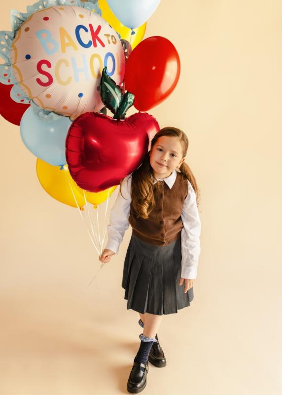 BALON FOLIOWY PASTYLKA Z FALBANKĄ BACK TO SCHOOL 52X52CM KRMOWO-NIEBIESKI