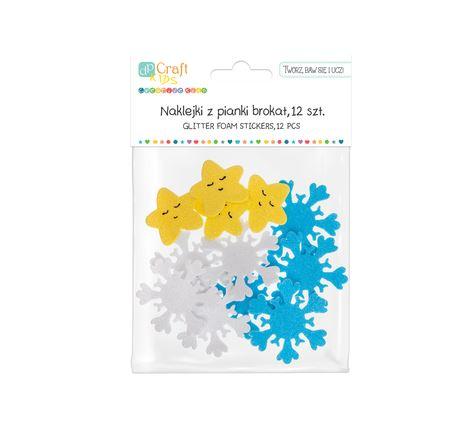 NAKLEJKI Z PIANKI BROKAT GWIAZDKI I ŚNIEZYNKI 12SZT