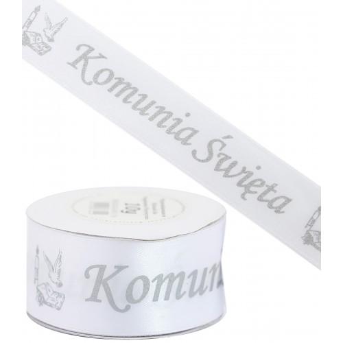 WSTĄŻKA KOMUNIA ŚW. METAL, 38MM/9MB BIAŁA/SREBRO