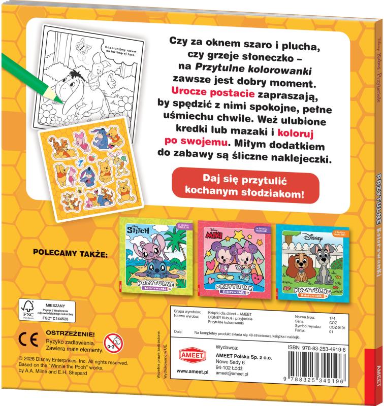 KSIĄŻECZKA DISNEY KUBUŚ I PRZYJACIELE.PRZYTULNE KOLOROWANKI