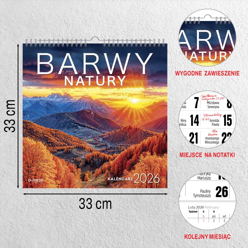 KALENDARZ ŚCIENNY 33X33 BARWY NATURY AREX SPIRALA