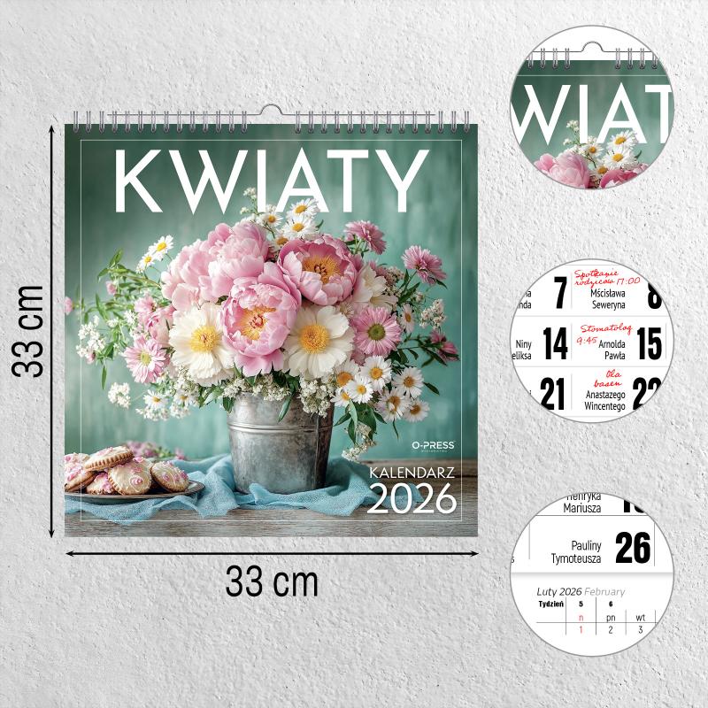 KALENDARZ ŚCIENNY 33X33 KWIATY AREX SPIRALA