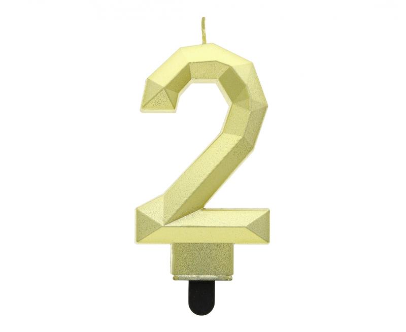 ŚWIECZKA CYFERKA 2 DIAMENT METALIK ZŁOTY 7.6CM