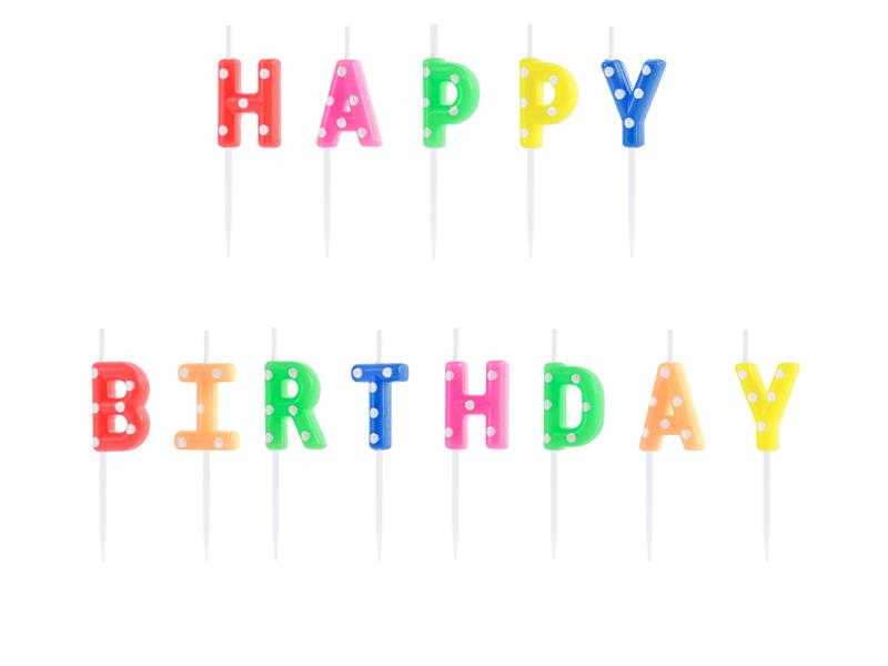 ŚWIECZKI URODZINOWE HAPPY BIRTHDAY MIX KOL.Z BIAŁYMI KROPKAMI WYS. 2.5CM