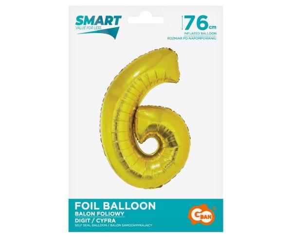 BALON FOLIOWY SMART, CYFRA 6, ZŁOTA, 76 cm