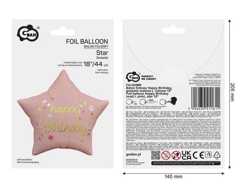 BALON FOLIOWY HAPPY BIRTHDAY GWIAZDA MATOWA JASNA RÓŻOWA