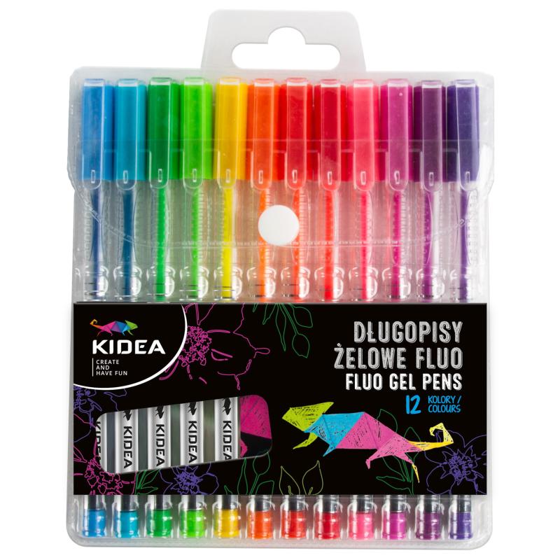 DŁUGOPISY ŻELOWE FLUO A/12 KOLORÓW KIDEA