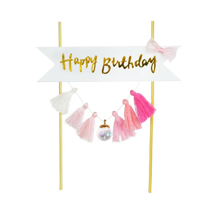DEKORACJA TORTU HAPPY BIRTHDAY FRĘDZELKI RÓŻOWE