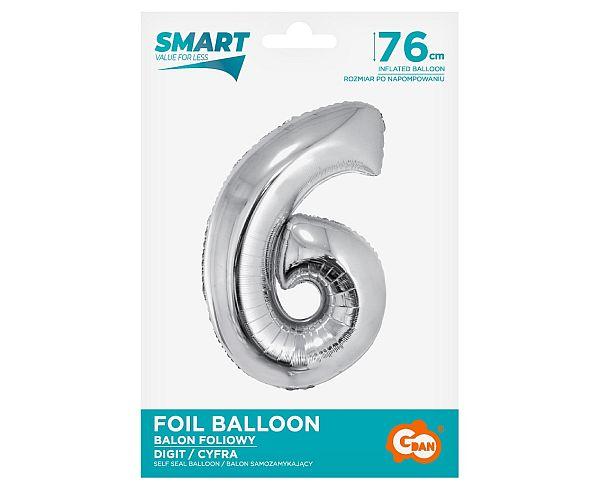 BALON FOLIOWY SMART CYFRA 6 SREBRNA 76CM