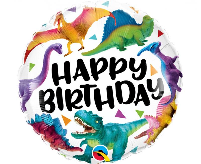 BALON FOLIOWY 18' QL RND BIRTHADAY DINOSAURS