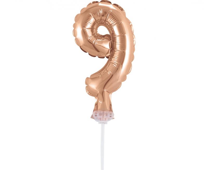 BALON FOLIOWY NA PATYCZKU 13CM CYFRA 9 RÓŻOWO-ZŁOTA