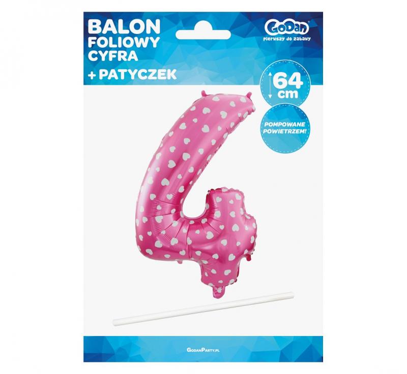 BALON FOLIOWY 'CYFRA 4'RÓŻOWA W SERCA 61 CM