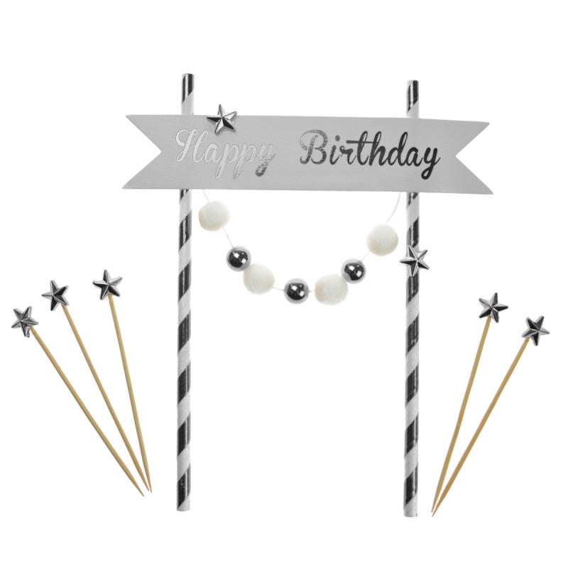 DEKORACJA TORTU HAPPY BIRTHDAY POMPONIKI SREBRNE