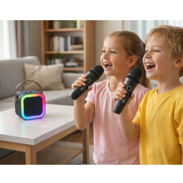 ZESTAW DO KARAOKE GŁOŚNIK DWA MIKROFONY ŚWIATŁA LED CZARNY