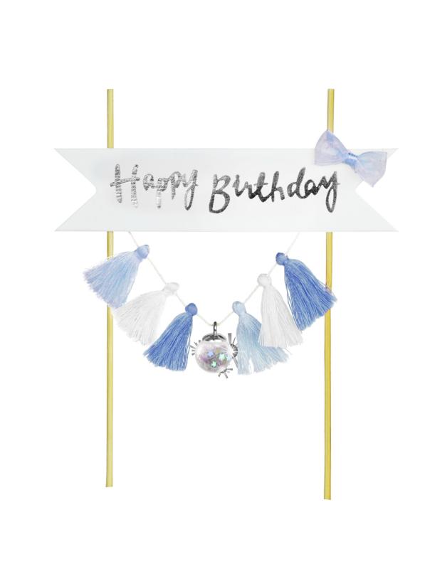 DEKORACJA TORTU HAPPY BIRTHDAY FRĘDZELKI NIEBIESKIE