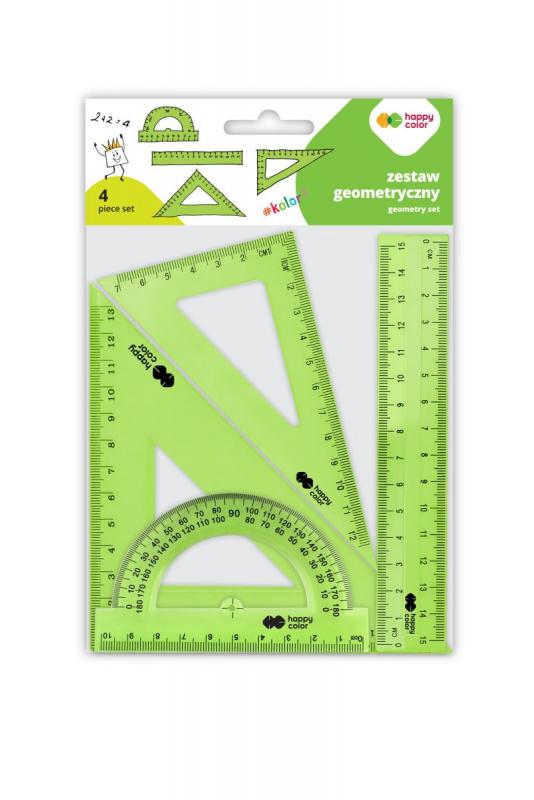 ZESTAW GEOMETRYCZNY 4 ELEMENTY; LINIJKA 15cm, 2 EKIERKI 60* i 45* , KĄTOMIERZ 180*, Happy Color
