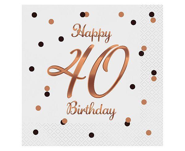 SERWETKI 33*33 HAPPY 40 BIRTHDAY BIAŁE B&C RÓŻOWO-ZŁOTY NADRUK