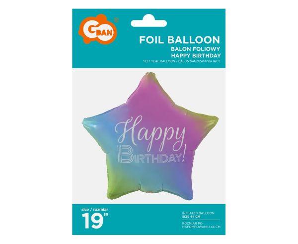 BALON FOLIOWY HAPPY BIRTHDAY, GWIAZDA GRADIENT, NADRUK BIAŁY, 19'