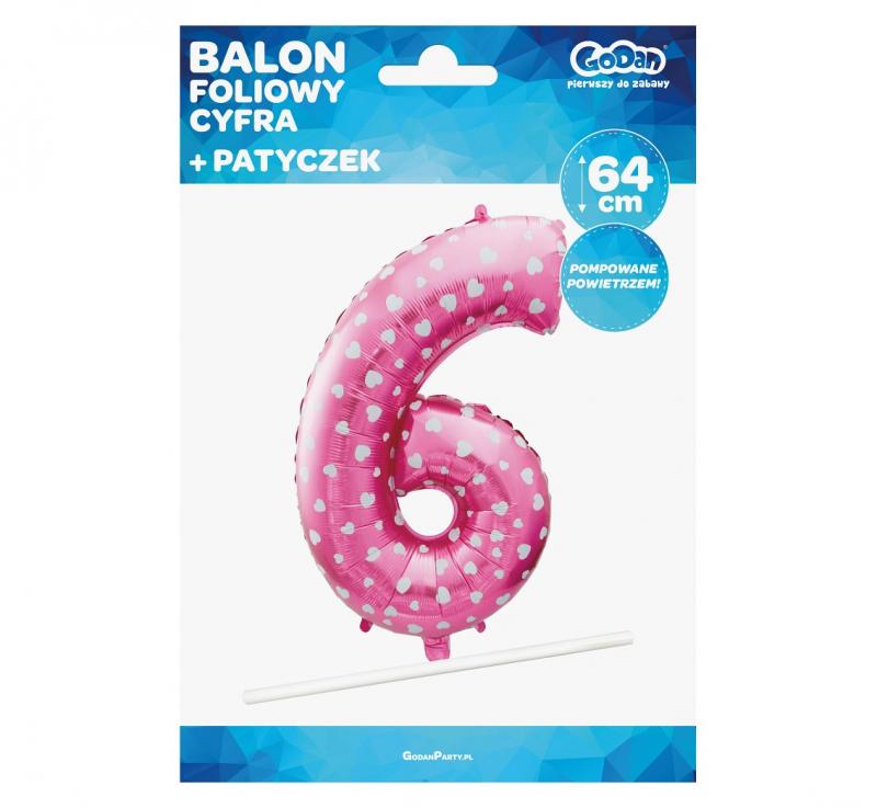 BALON FOLIOWY 'CYFRA 6'RÓŻOWA W SERCA 61 CM