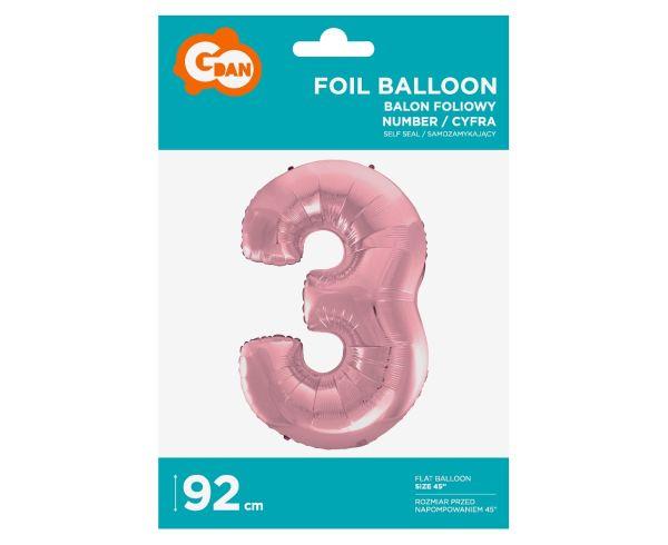 BALON FOLIOWY CYFRA 3 J.RÓŻOWA 92CM