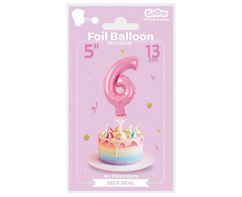 BALON FOLIOWY NA PATYCZKU 13CM CYFRA 6 RÓŻOWA