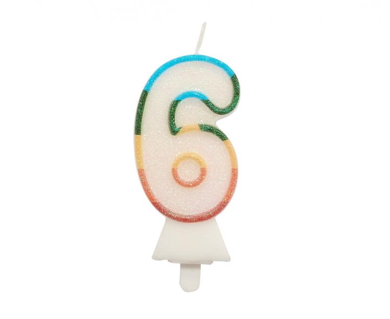 ŚWIECZKA CYFERKA 6 TĘCZOWA BROKAT 8,5CM