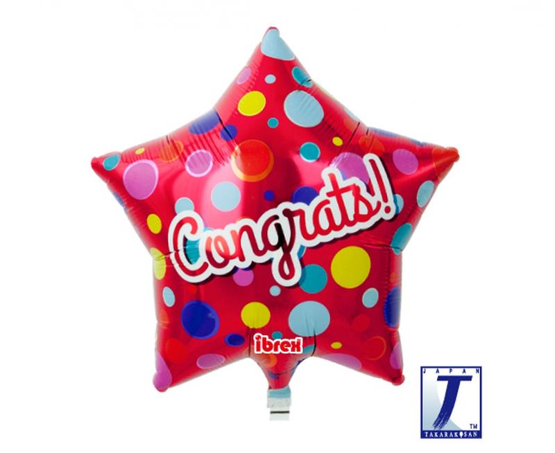 BALON HEL GWIAZDA 15' CONGRATS DOTS METALLIC RED