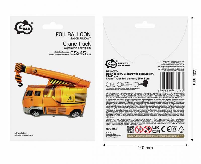 BALON FOLIOWY CIĘŻARÓWKA Z DŹWIGIEM 65X45CM