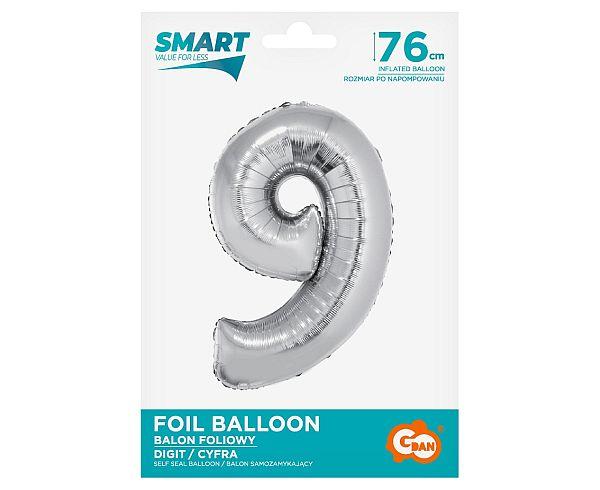 BALON FOLIOWY SMART CYFRA 9 SREBRNA 76CM