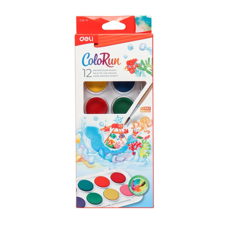 FARBY 12 AKWARELOWE COLORUN+PĘDZELEK DELI