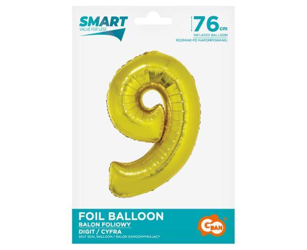 BALON FOLIOWY SMART, CYFRA 9, ZŁOTA, 76 cm