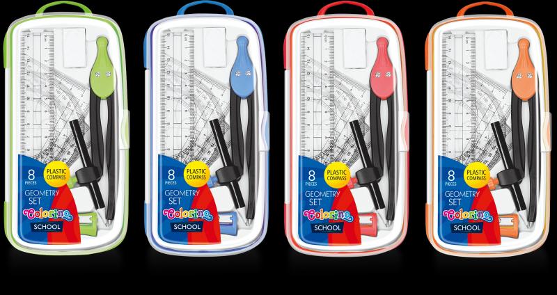 ZESTAW GEOMETRYCZNY 8 ELEMENTOWY - 4 KOL. W KASETCE COLORINO SCHOOL