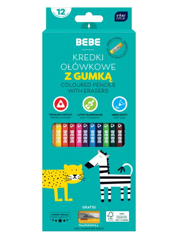 KREDKI 12 OŁÓWKOWE Z GUMKĄ BEBE KIDS