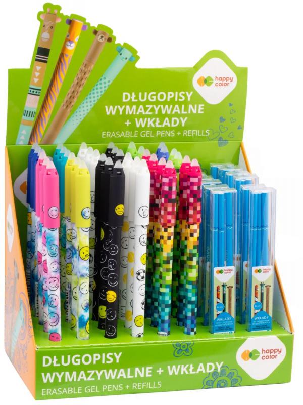 DŁUGOPIS WYMAZYWALNY MIX2, 0.5mm, NIEBIESKI, 36 szt + WKŁADY 12 etui, Happy Color